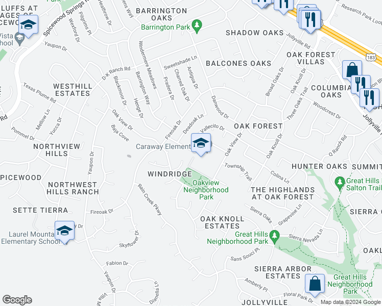 map of restaurants, bars, coffee shops, grocery stores, and more near 7101 Carlwood Drive in Austin