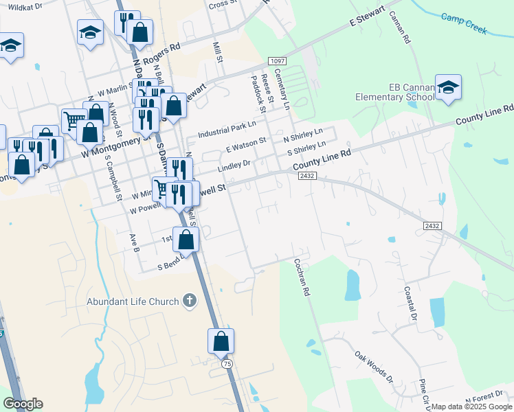 map of restaurants, bars, coffee shops, grocery stores, and more near 232 West Willwood Drive in Willis