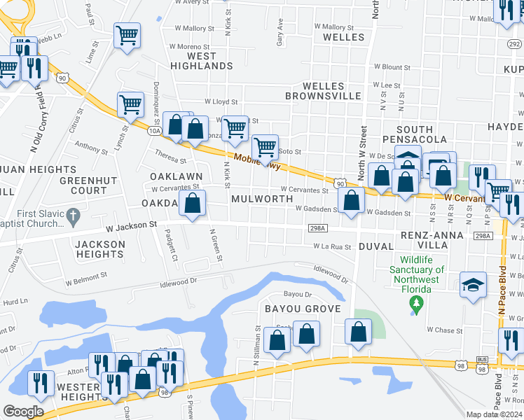 map of restaurants, bars, coffee shops, grocery stores, and more near 3407 West Gadsden Street in Pensacola