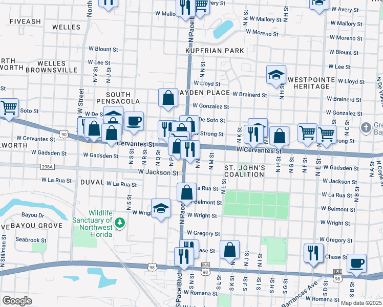 map of restaurants, bars, coffee shops, grocery stores, and more near North N Street in Pensacola