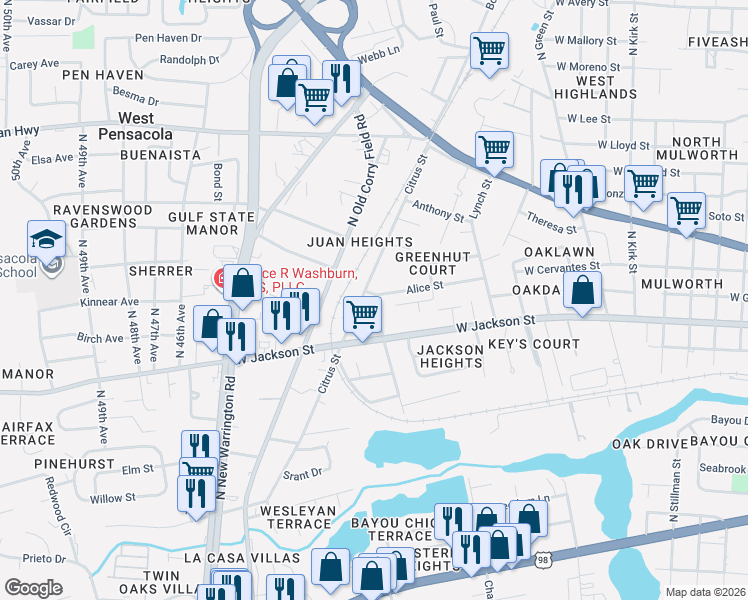 map of restaurants, bars, coffee shops, grocery stores, and more near 616 Citrus Street in Pensacola