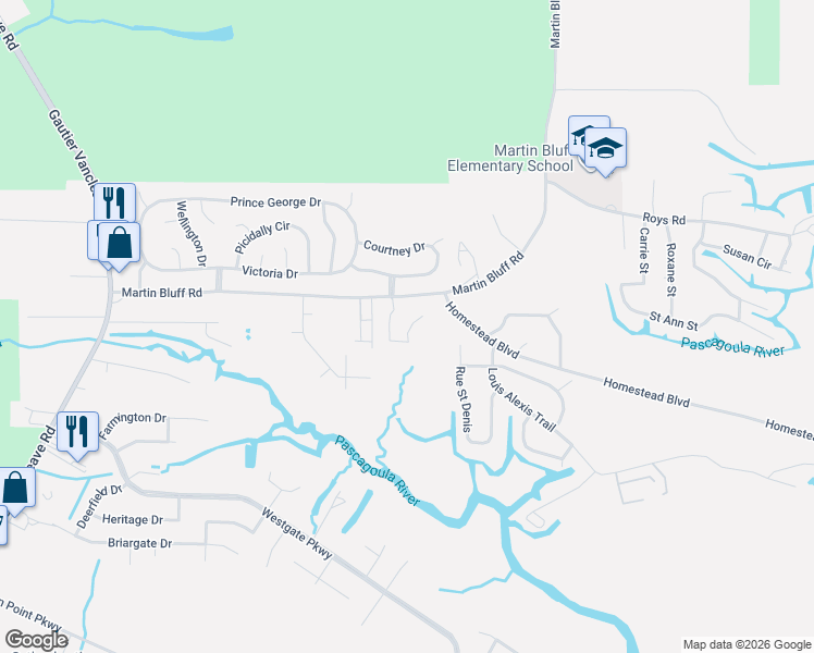 map of restaurants, bars, coffee shops, grocery stores, and more near 1625 Martin Bluff Road in Gautier