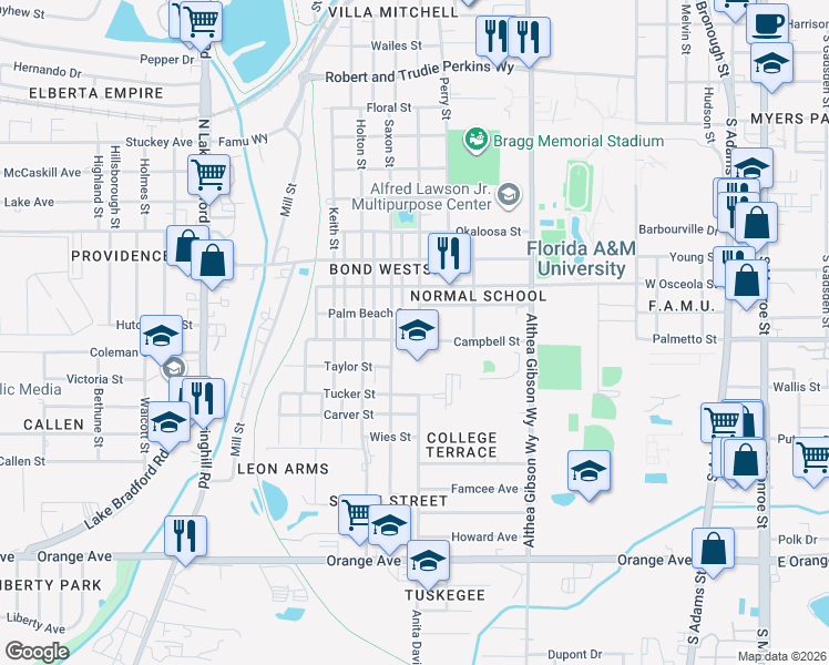 map of restaurants, bars, coffee shops, grocery stores, and more near 2147 Pasco Street in Tallahassee