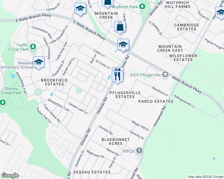 map of restaurants, bars, coffee shops, grocery stores, and more near 14801 Dessau Road in Pflugerville