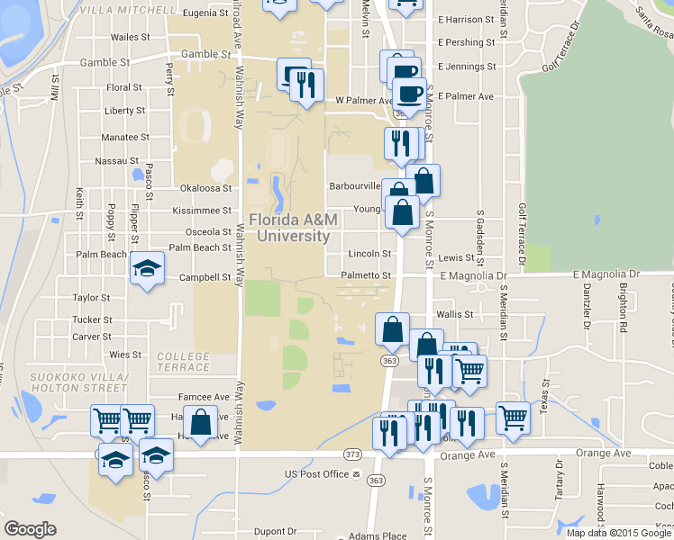 map of restaurants, bars, coffee shops, grocery stores, and more near 2116 Broad Street in Tallahassee