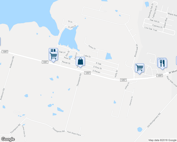 map of restaurants, bars, coffee shops, grocery stores, and more near FM 1097 Road West in Willis
