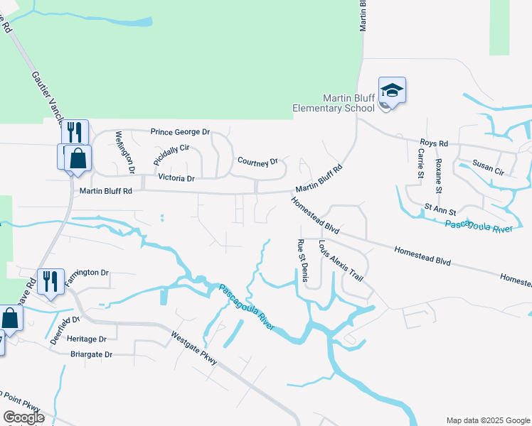 map of restaurants, bars, coffee shops, grocery stores, and more near 1625 Martin Bluff Road in Gautier