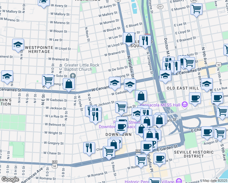 map of restaurants, bars, coffee shops, grocery stores, and more near 202 West Gadsden Street in Pensacola
