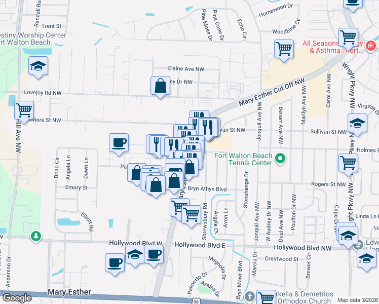 map of restaurants, bars, coffee shops, grocery stores, and more near 500 Mary Esther Boulevard in Mary Esther