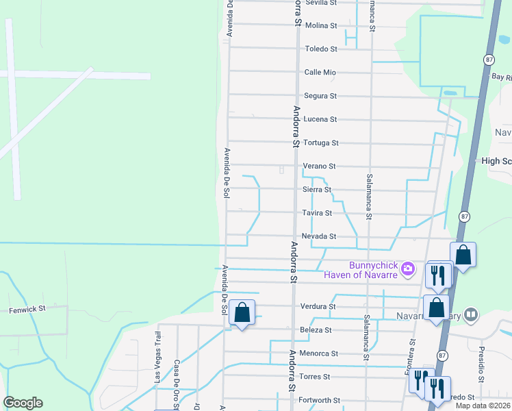 map of restaurants, bars, coffee shops, grocery stores, and more near 8162 Tavira Street in Navarre