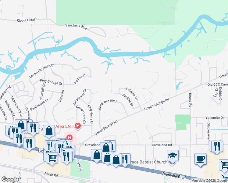 map of restaurants, bars, coffee shops, grocery stores, and more near 5400 Sioux Drive in Ocean Springs