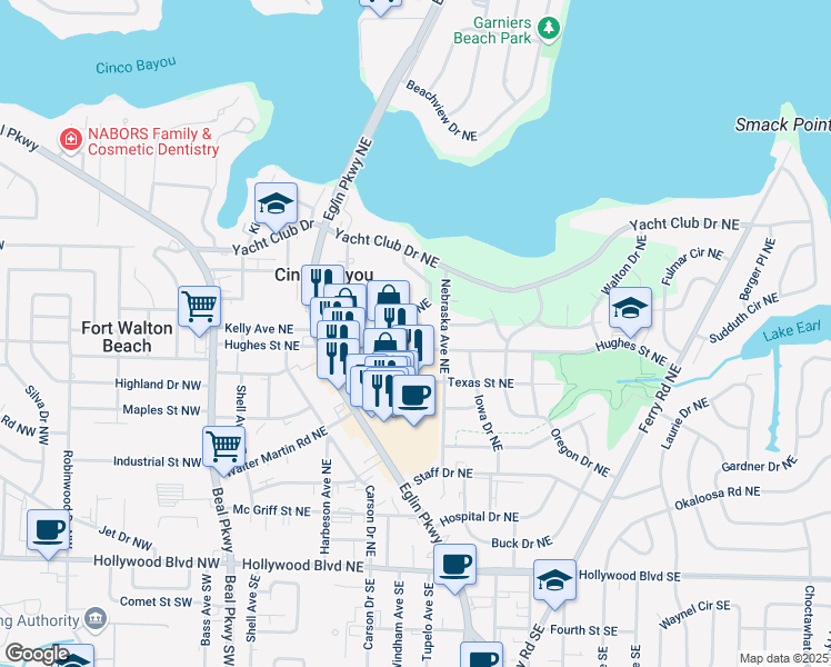 map of restaurants, bars, coffee shops, grocery stores, and more near 115 Hughes Street Northeast in Fort Walton Beach