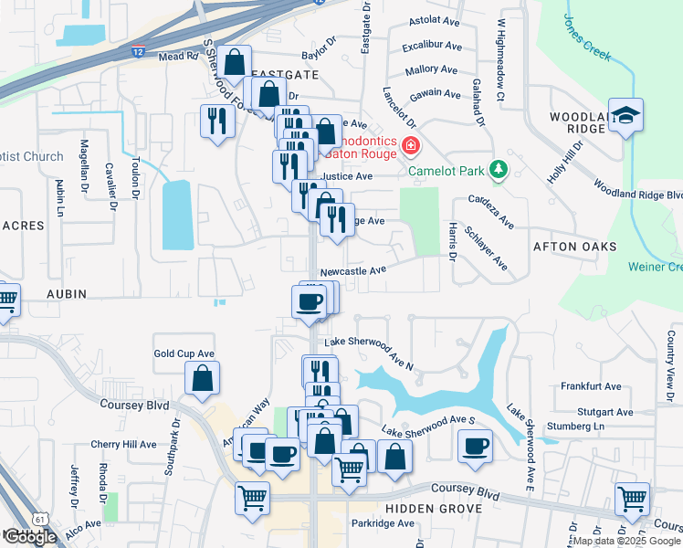 map of restaurants, bars, coffee shops, grocery stores, and more near 11736 Newcastle Avenue in Baton Rouge