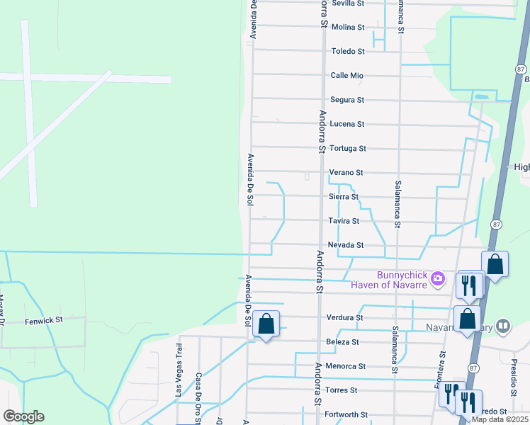 map of restaurants, bars, coffee shops, grocery stores, and more near 8134 Tavira Street in Navarre