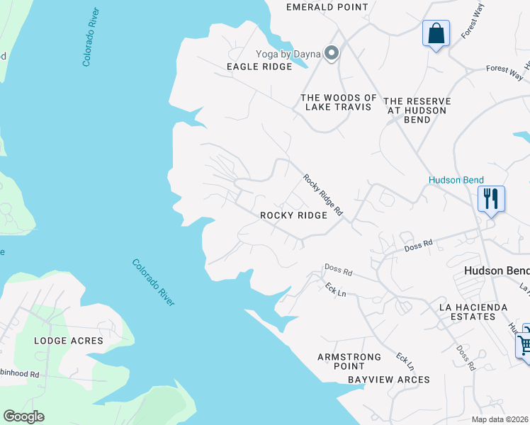 map of restaurants, bars, coffee shops, grocery stores, and more near 16920 Rocky Ridge Road in Austin