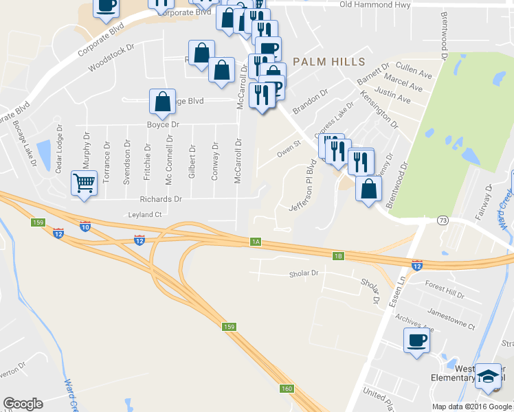 map of restaurants, bars, coffee shops, grocery stores, and more near 7798 Richards Drive in Baton Rouge