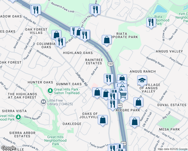 map of restaurants, bars, coffee shops, grocery stores, and more near 11603 Ladera Vista Drive in Austin