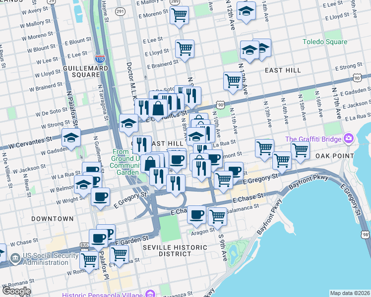 map of restaurants, bars, coffee shops, grocery stores, and more near 706 East La Rua Street in Pensacola