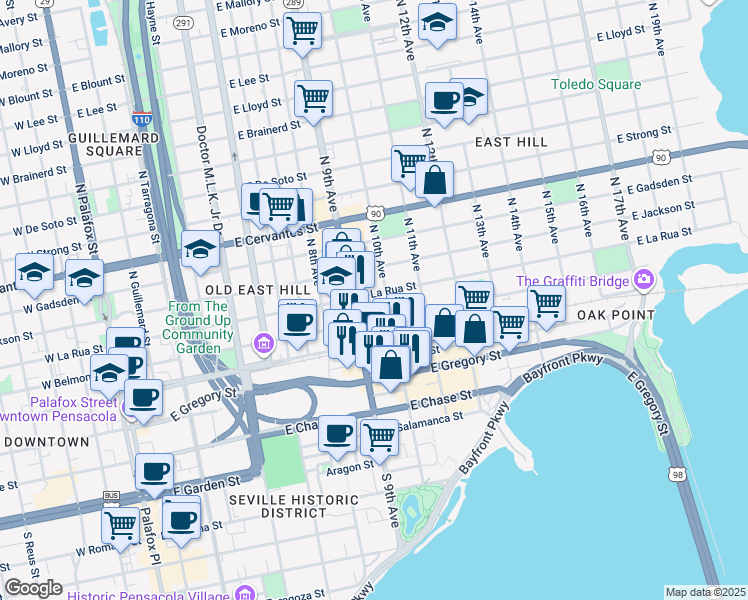 map of restaurants, bars, coffee shops, grocery stores, and more near 919 East La Rua Street in Pensacola