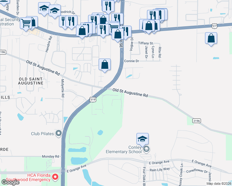 map of restaurants, bars, coffee shops, grocery stores, and more near 3021 Old Saint Augustine Road in Tallahassee