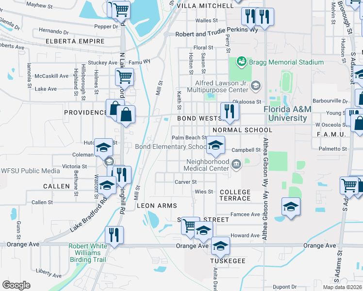 map of restaurants, bars, coffee shops, grocery stores, and more near 2147 Keith Street in Tallahassee