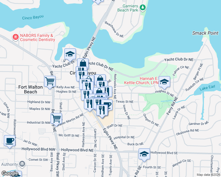 map of restaurants, bars, coffee shops, grocery stores, and more near 115 Hughes Street Northeast in Fort Walton Beach