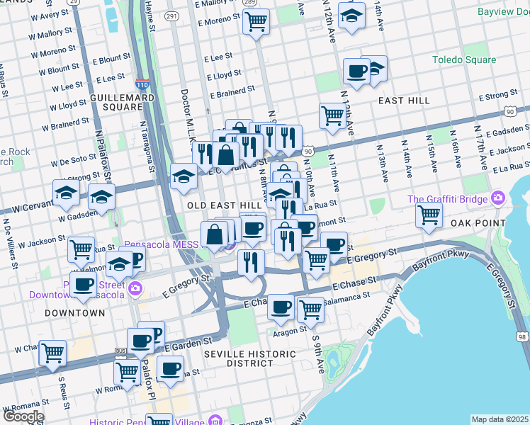 map of restaurants, bars, coffee shops, grocery stores, and more near 706 East La Rua Street in Pensacola