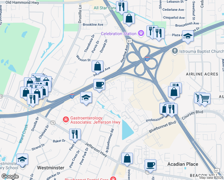 map of restaurants, bars, coffee shops, grocery stores, and more near 9330 North Interstate Drive in Baton Rouge