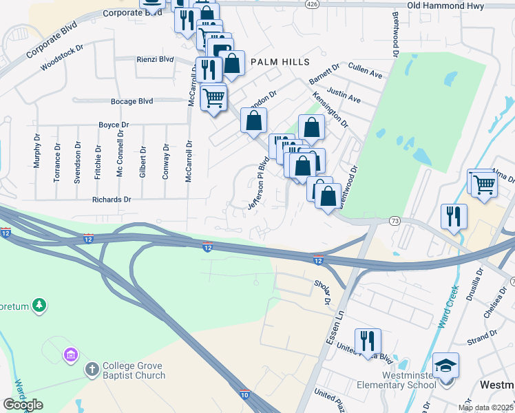 map of restaurants, bars, coffee shops, grocery stores, and more near 7844 Jefferson Place Boulevard in Baton Rouge