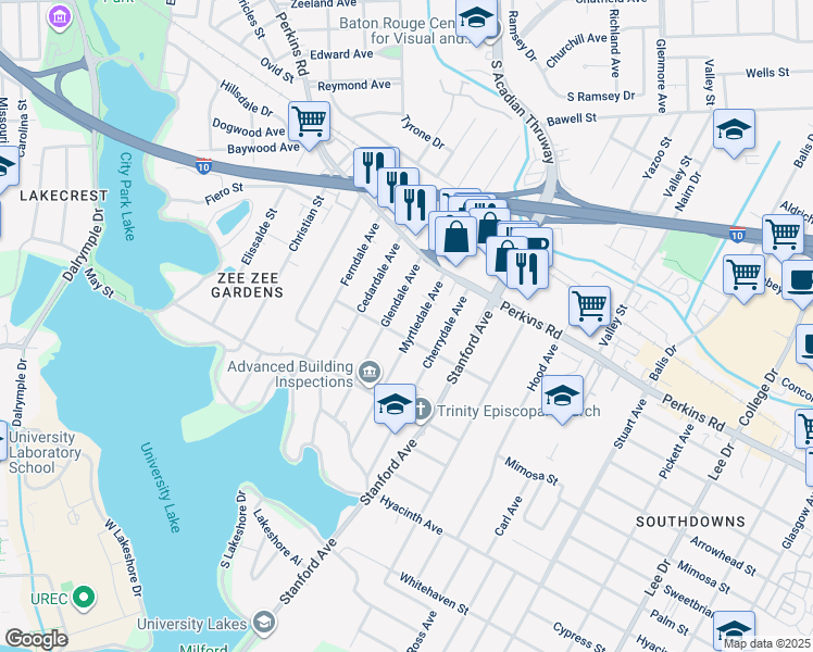 map of restaurants, bars, coffee shops, grocery stores, and more near 2111 Myrtledale Avenue in Baton Rouge