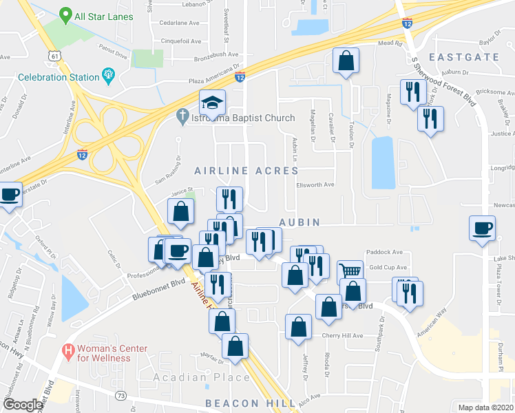 map of restaurants, bars, coffee shops, grocery stores, and more near 3445 Seracedar Street in Baton Rouge