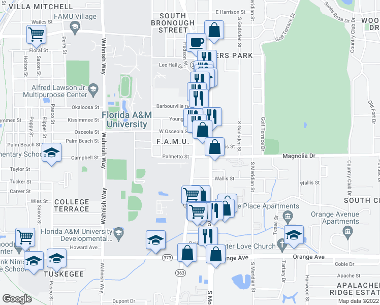 map of restaurants, bars, coffee shops, grocery stores, and more near 2110 South Adams Street in Tallahassee