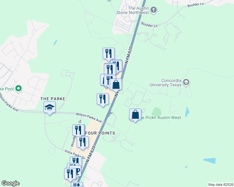 map of restaurants, bars, coffee shops, grocery stores, and more near 8225 Ranch Road 620 North in Austin