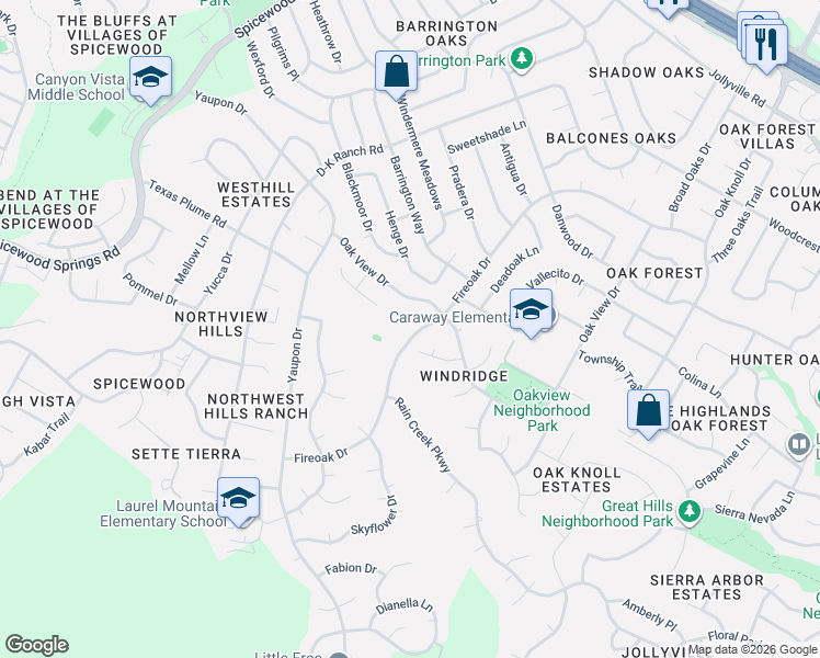 map of restaurants, bars, coffee shops, grocery stores, and more near 7438 Fireoak Drive in Austin