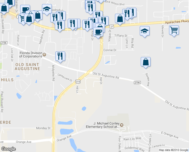 map of restaurants, bars, coffee shops, grocery stores, and more near 3021 Old Saint Augustine Road in Tallahassee