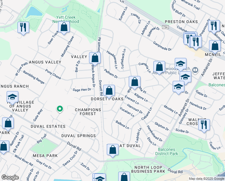 map of restaurants, bars, coffee shops, grocery stores, and more near 4512 Everest Lane in Austin