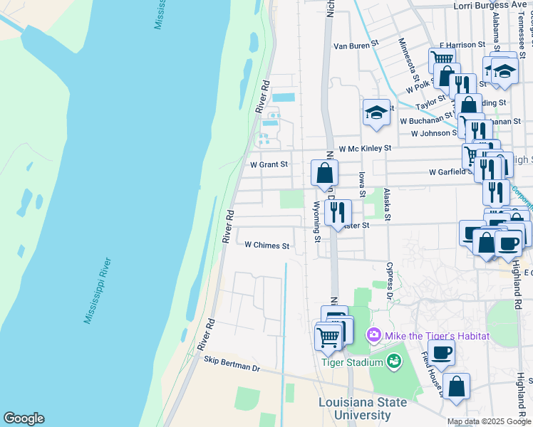 map of restaurants, bars, coffee shops, grocery stores, and more near 1150 Aster Street in Baton Rouge