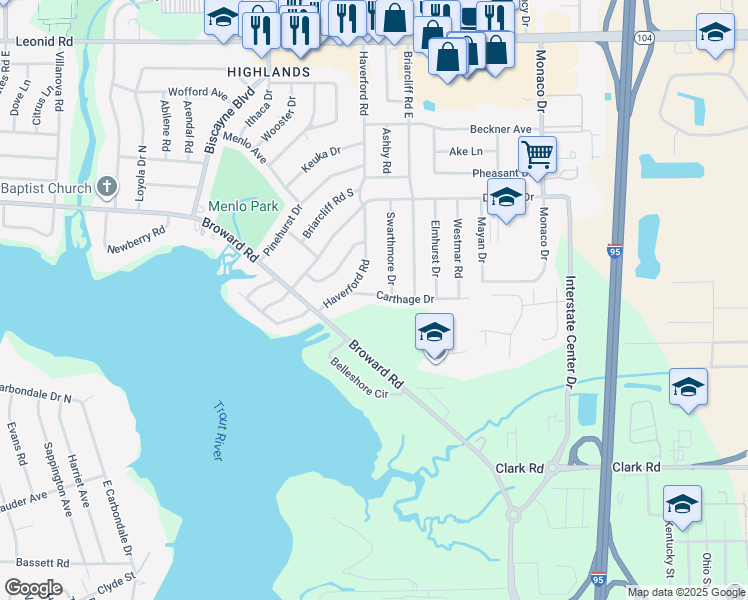 map of restaurants, bars, coffee shops, grocery stores, and more near 1250 Carthage Drive in Jacksonville