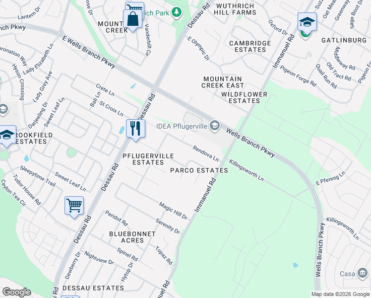 map of restaurants, bars, coffee shops, grocery stores, and more near 1712 Buttercup Road in Pflugerville