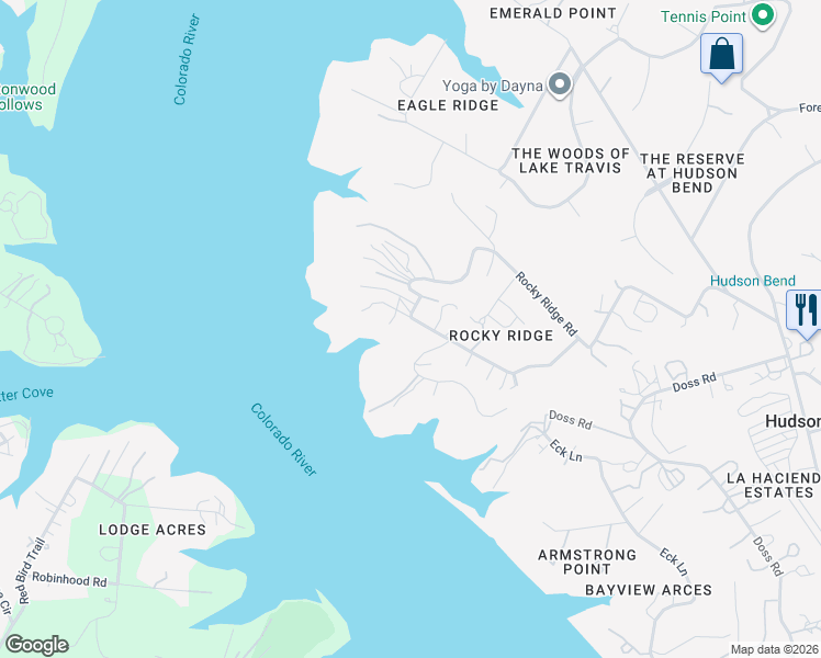 map of restaurants, bars, coffee shops, grocery stores, and more near 17023 Rocky Ridge Road in Austin