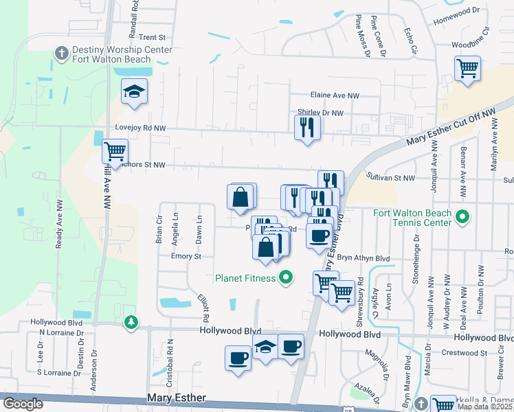 map of restaurants, bars, coffee shops, grocery stores, and more near 30 Ruby Circle in Mary Esther