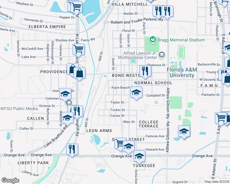 map of restaurants, bars, coffee shops, grocery stores, and more near 2147 Keith Street in Tallahassee