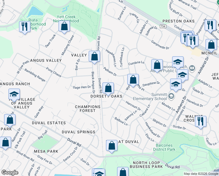 map of restaurants, bars, coffee shops, grocery stores, and more near 4512 Everest Lane in Austin