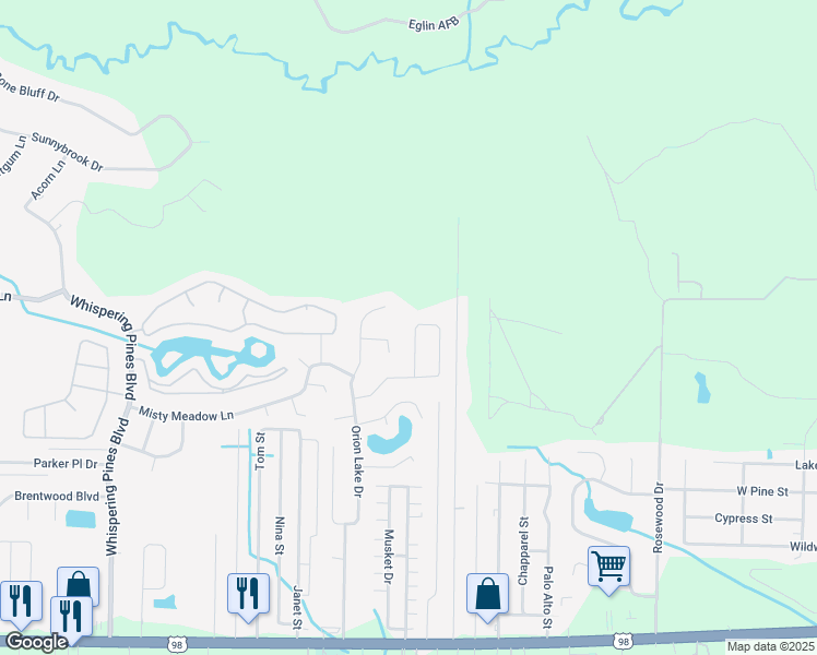 map of restaurants, bars, coffee shops, grocery stores, and more near 2325 Mary Anne Circle in Navarre