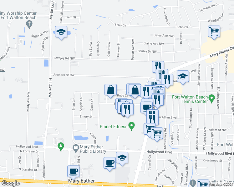 map of restaurants, bars, coffee shops, grocery stores, and more near 28 Ruby Circle in Mary Esther