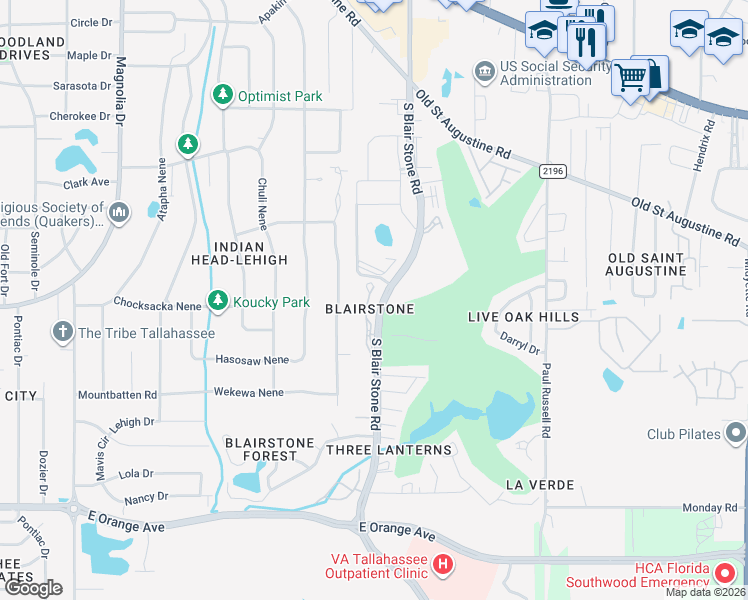 map of restaurants, bars, coffee shops, grocery stores, and more near 2841 Blairstone Court in Tallahassee