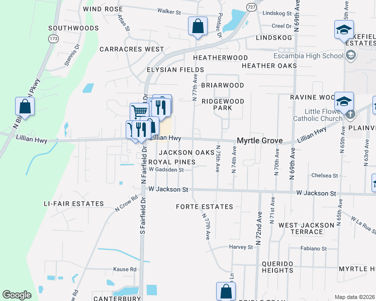 map of restaurants, bars, coffee shops, grocery stores, and more near 721 North 77th Avenue in Pensacola