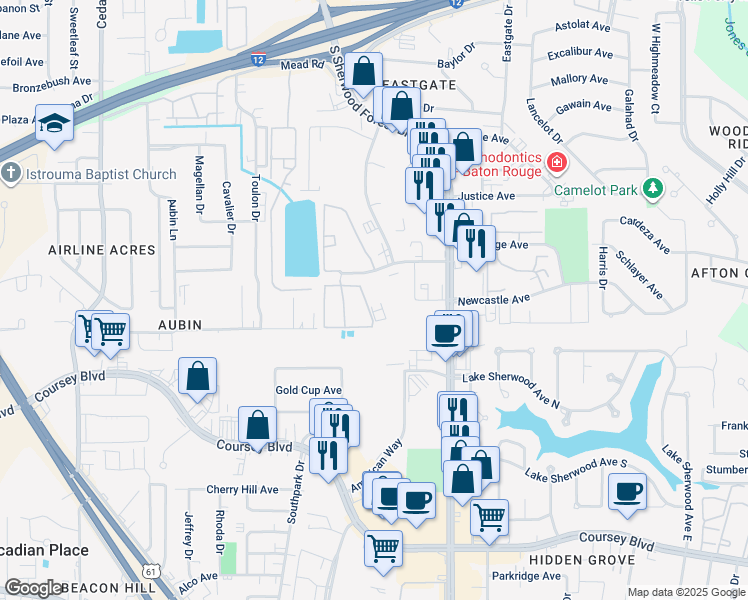 map of restaurants, bars, coffee shops, grocery stores, and more near 11550 Southfork Avenue in Baton Rouge