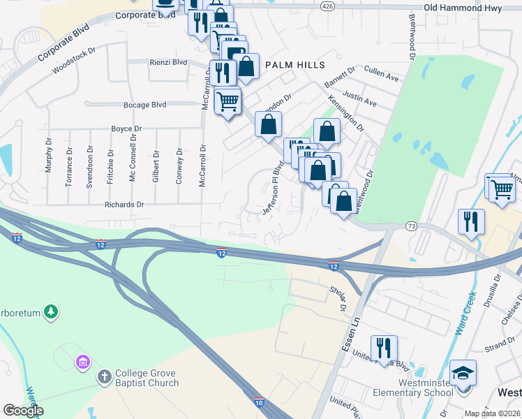 map of restaurants, bars, coffee shops, grocery stores, and more near 7844 Jefferson Place Boulevard in Baton Rouge