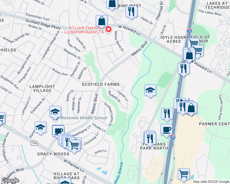 map of restaurants, bars, coffee shops, grocery stores, and more near 13153 Bayfield Drive in Austin